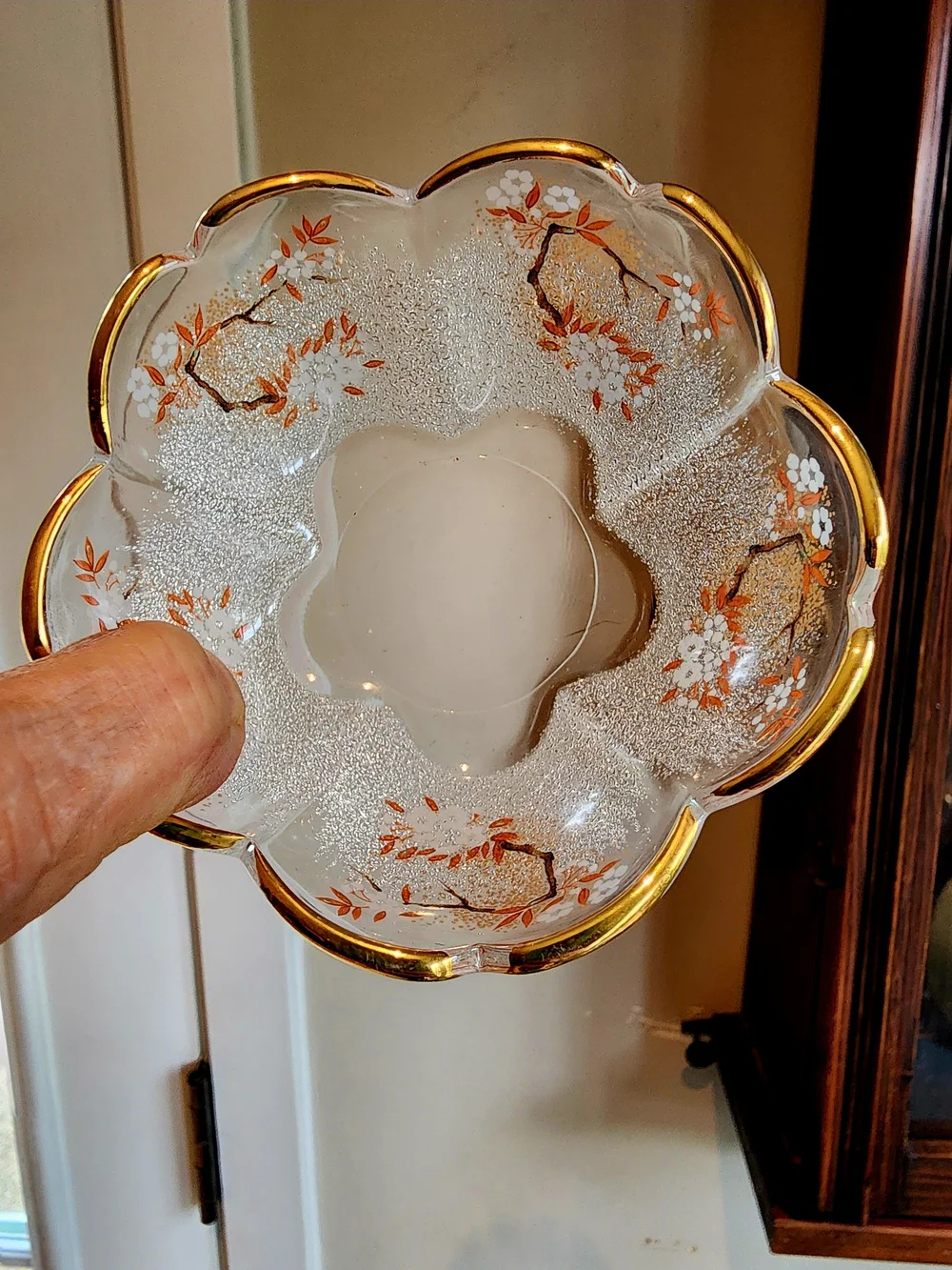 Japanese Gold Floral Glass Cup and Saucer Set with Gold Colored Spoons